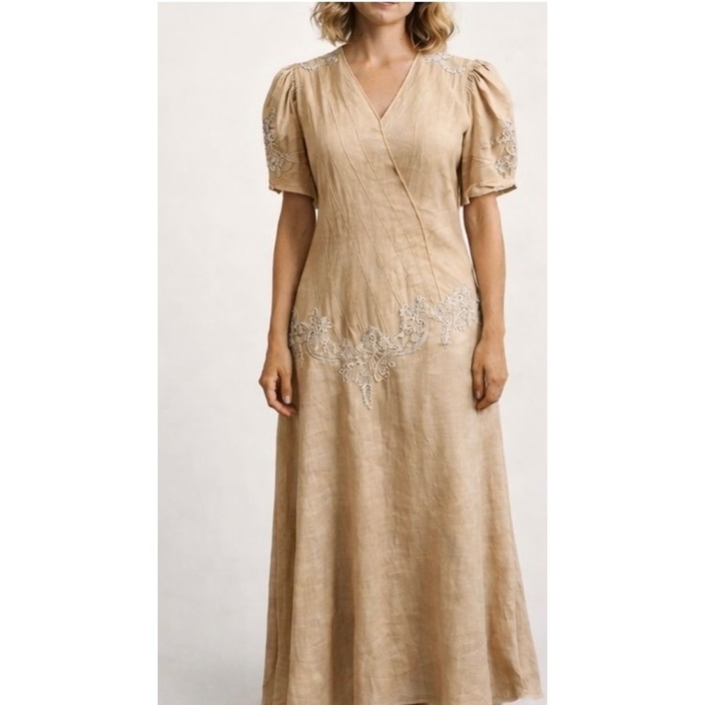 CAPRICCIO BY DIGNA‎ Linen Embroidered Prairie Dress W Size 12 Cream 1930s Style